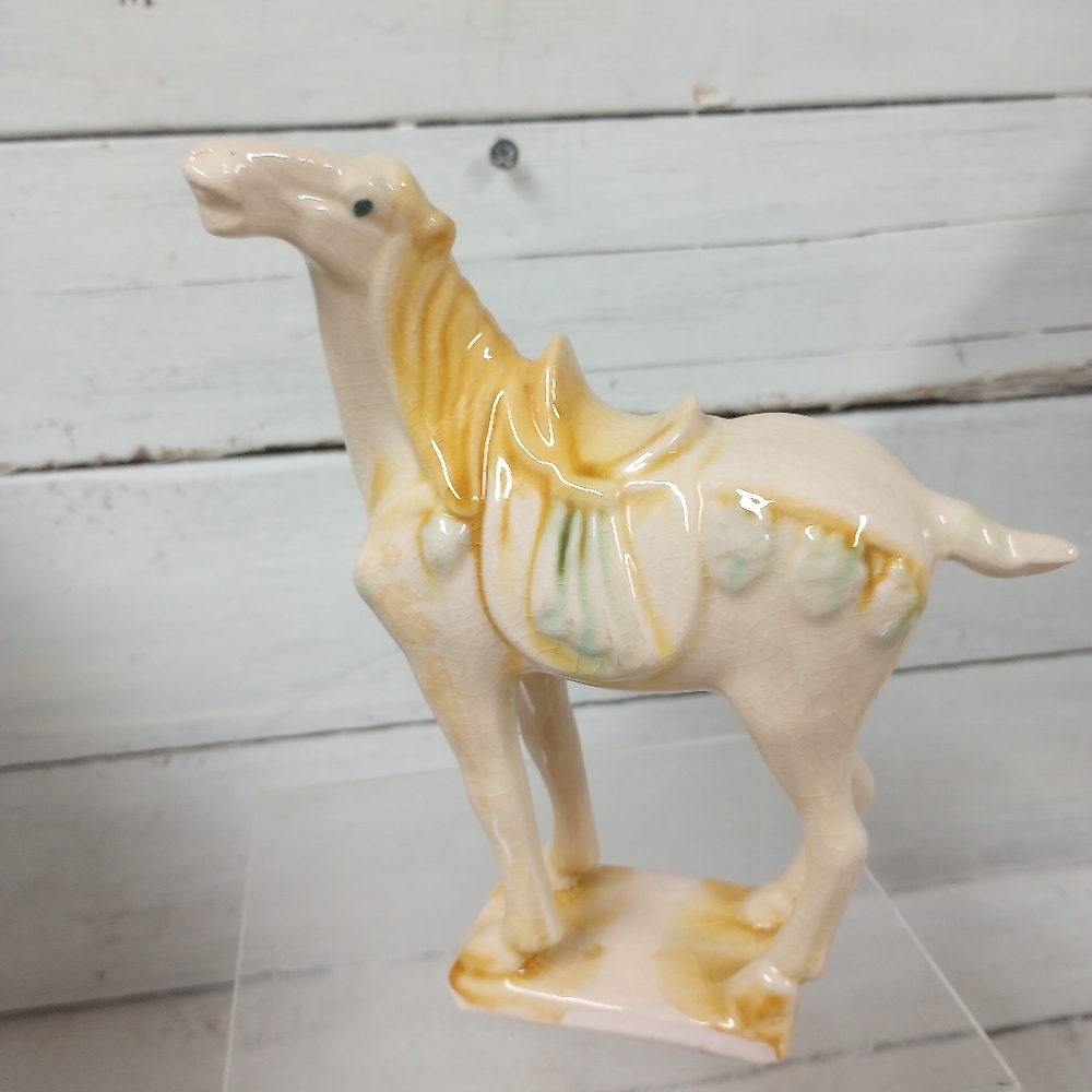 Vintage Chinese Tang Dynasty Style Sancai Crackle Glazed Pottery War Horse Figur